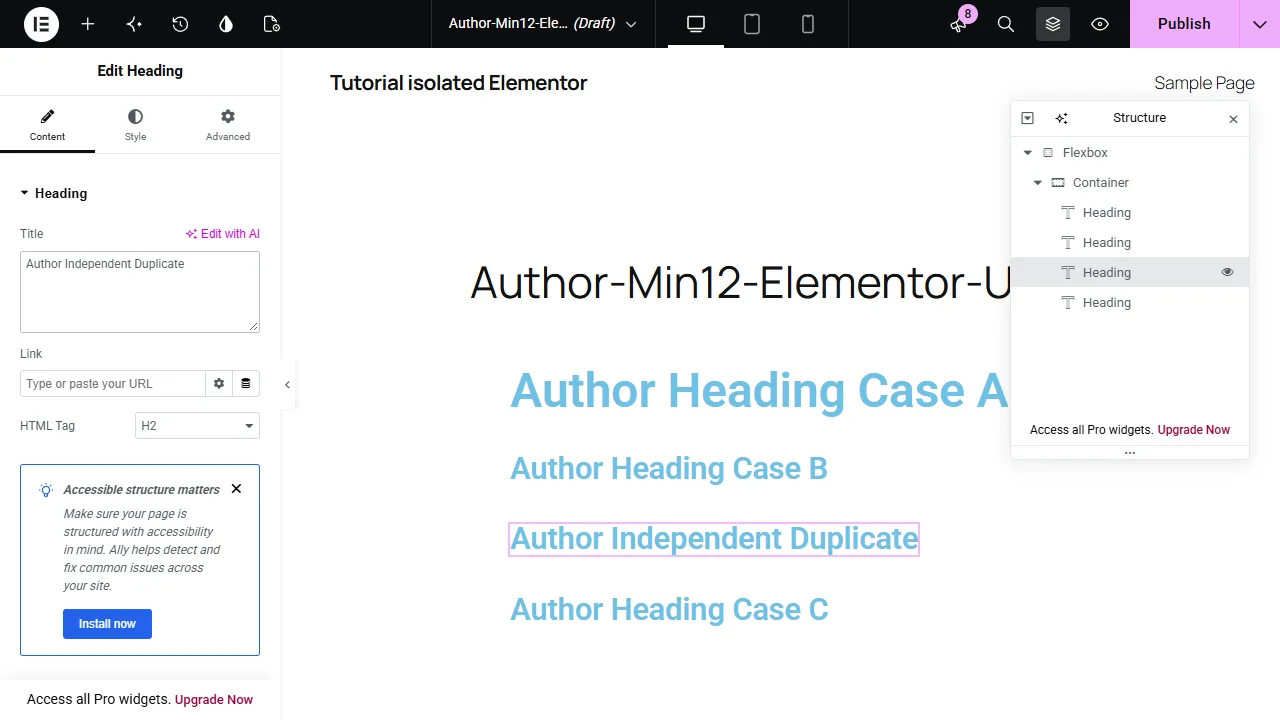 Elementor Structure列出兩個Heading,副本顯示Author Independent Duplicate而原件保留Author Heading Case B