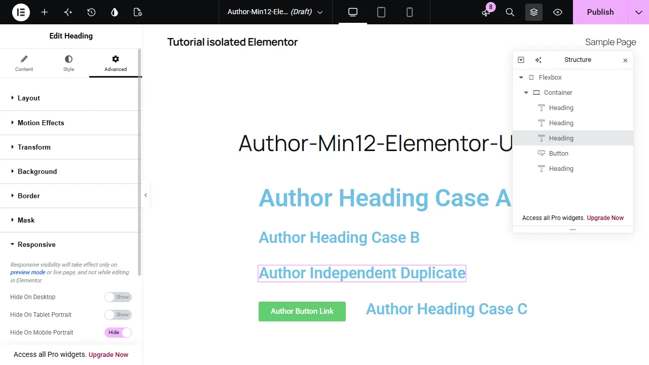 Elementor Heading的Advanced Responsive欄位中開啟Hide On Mobile Portrait