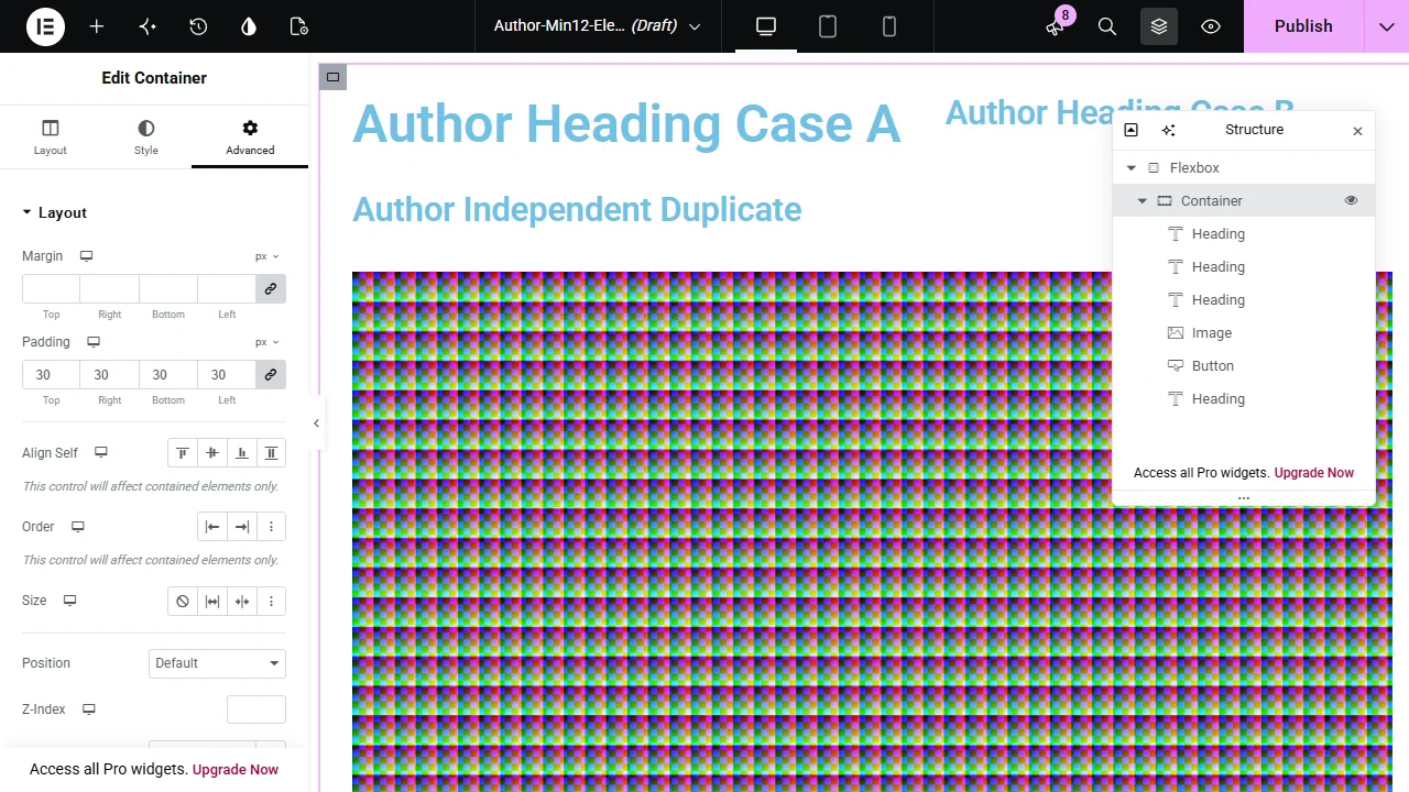 Elementor Structure展開內層Container,下面列出Heading、Image與Button等六個子元件
