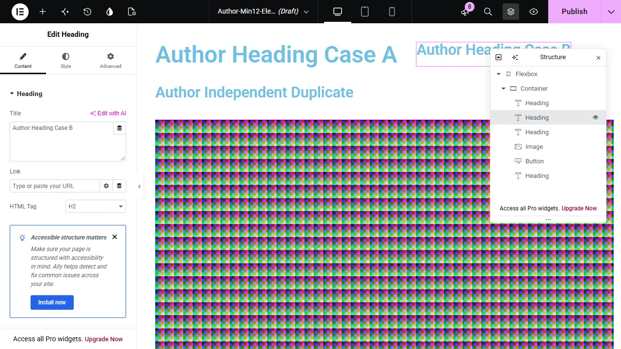 Elementor Structure選中Heading後,側欄顯示Edit Heading與Author Heading Case B文字