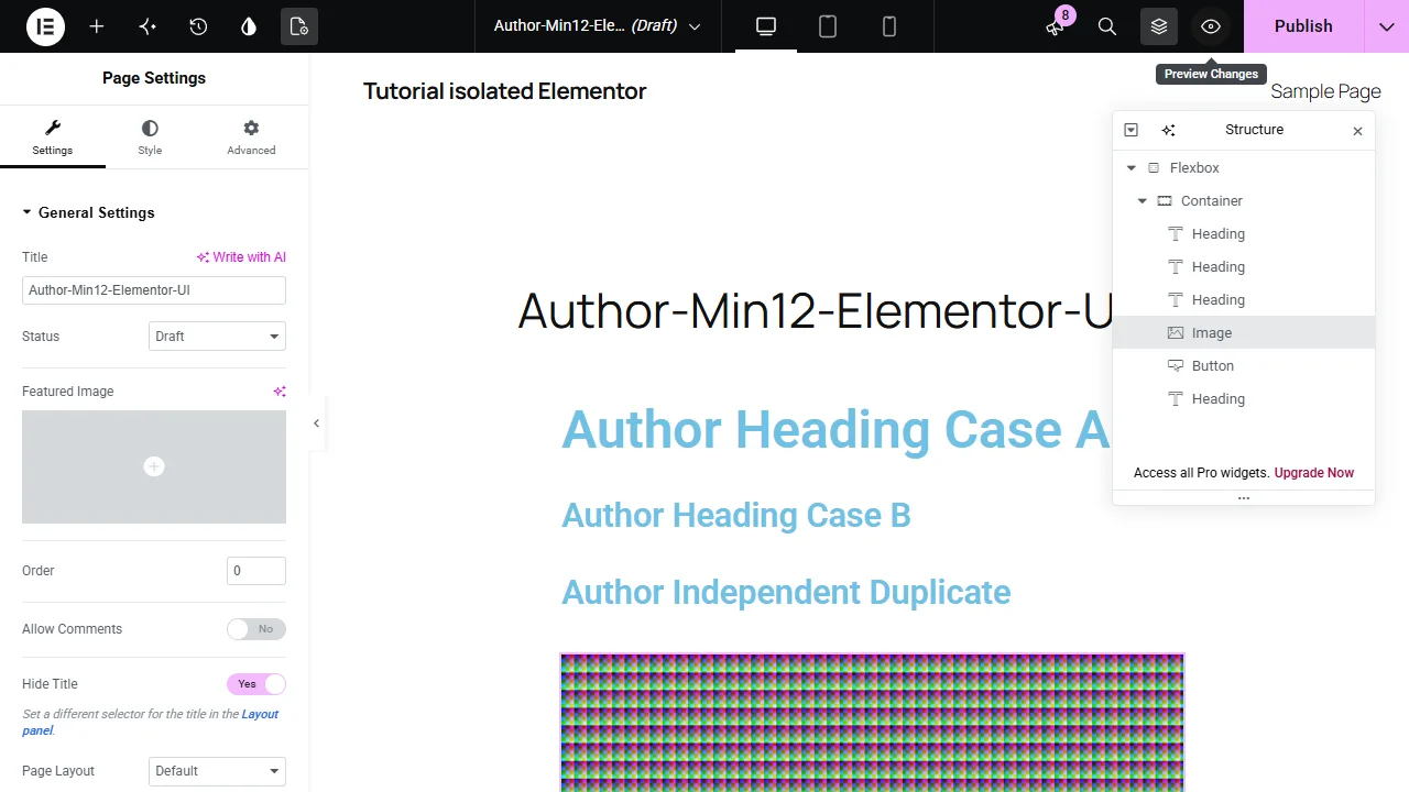 Elementor Page Settings在預設版型開啟Hide Title,側欄顯示該選項