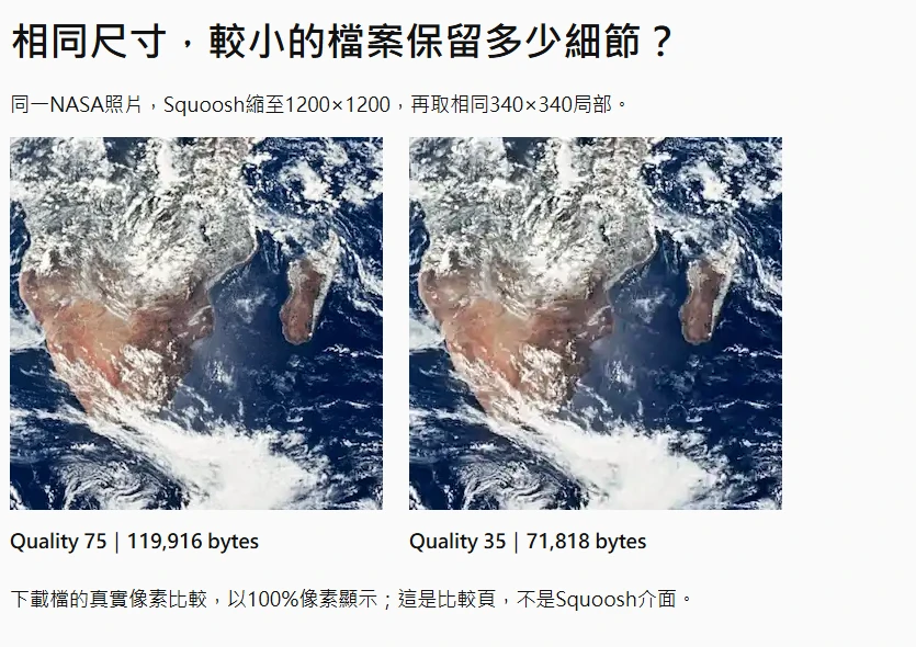 相同尺寸的WebP品質75與35雲層和海岸細節比較