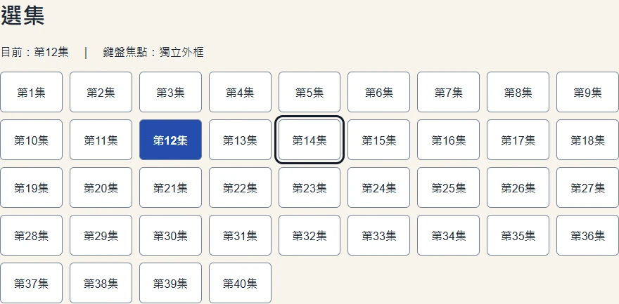 40 集排版示例:第12集使用深色目前標記,第14集有獨立鍵盤焦點外框